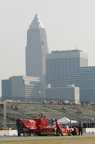 Trans-Am Team Setting Up w/Cleveland Skyline in Background