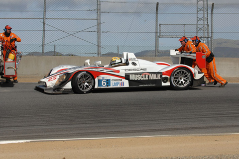 Porsche RS Spyder LMP Driven by Memo Gidley, Klaus Graf, and Sascha Maassen Pushed by Course Workers