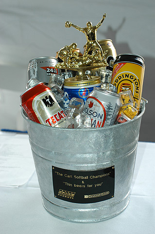 Softball Trophy Filled With Beer Cans