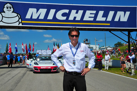 Ron Fellows in front of main straight bridge