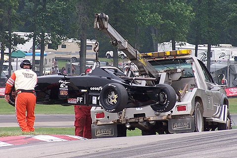 Mike Sauce's Damaged Car on Hook in FF Race Race