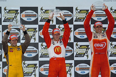 Sebastien Bourdais Holding Trophy Aloft On Podium